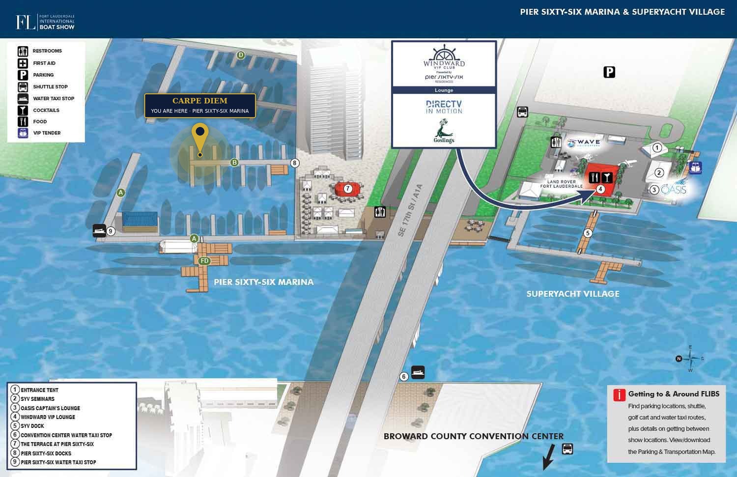 Fort Lauderdale International Boat Show map of Pier Sixty-Six Marina and Superyacht Village with a gold pin marking Carpe Diem
